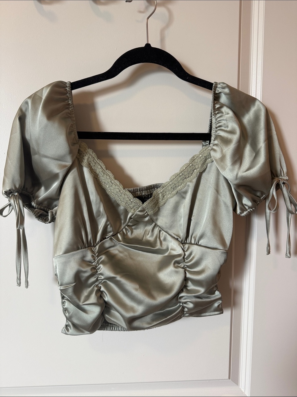 Forever 21 Satin Ruched Puff Sleeve Crop Top in Sage Green